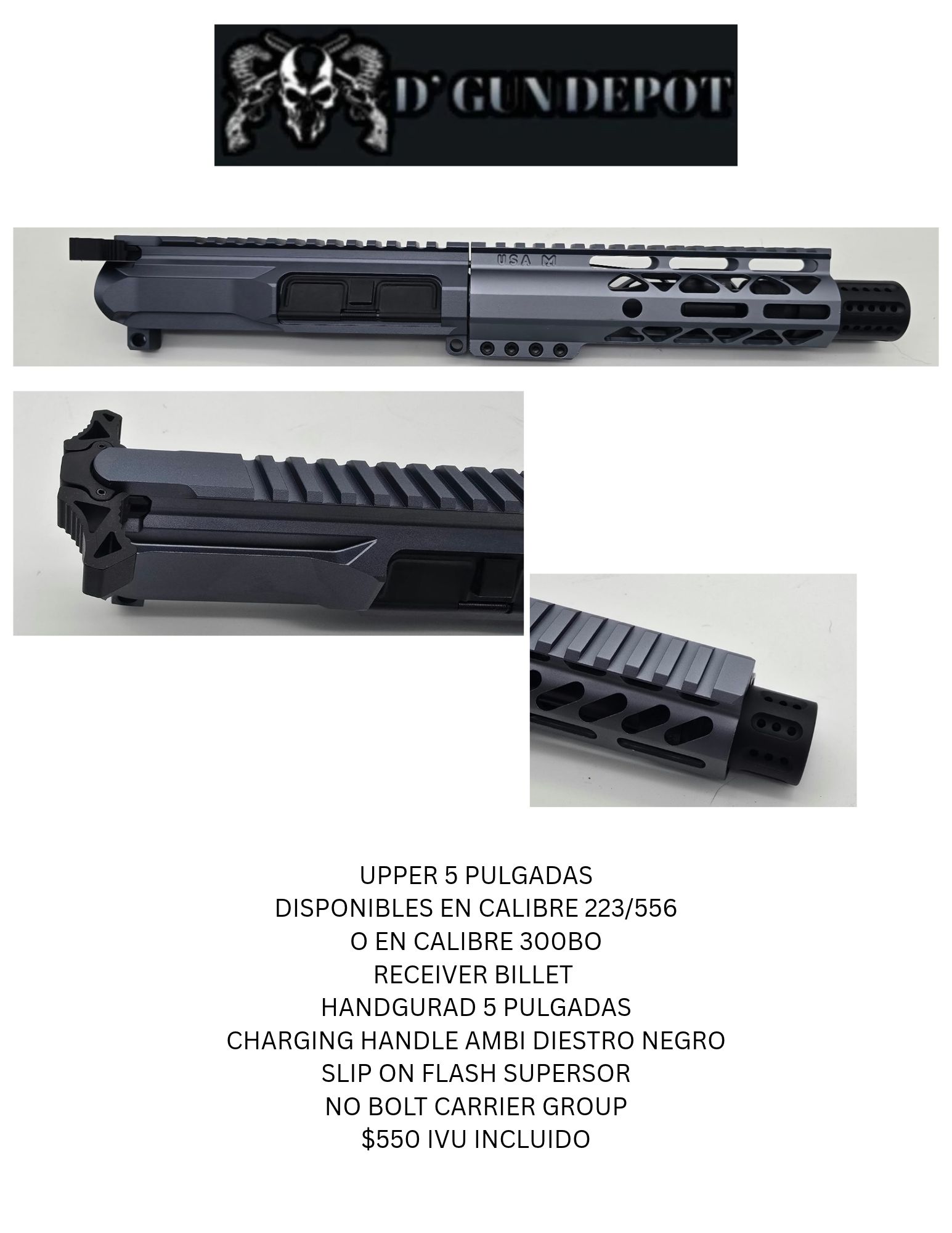 UPPER AR15 DE 5 PULGADAS CALIBRE 300bo COLOR GRIS